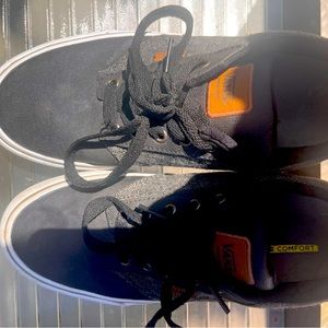 Vans grey, white and black with brown leather writing.